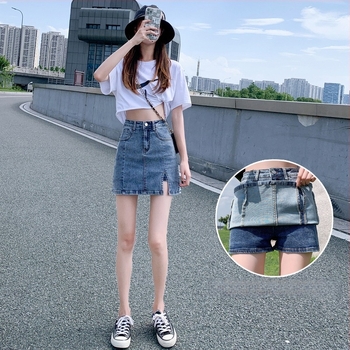 Chic Hongkong-stílusú denim szoknya nőknek, nyár, magas derék, egyenes szabás, A-vonal