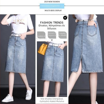Koreai stílusú denim midi szoknya hasítékkal, magas derekú, világos színű, nyárra