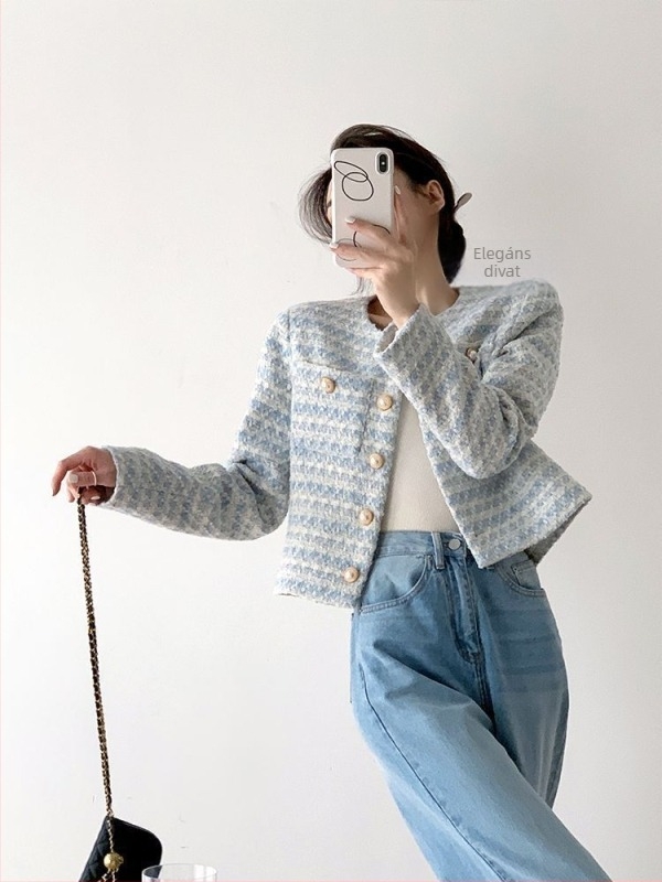 Chanel-stílusú rövid női kabát, 2025-ös őszi-téli kollekció, francia elegáns stílus, gombos hosszú ujjú