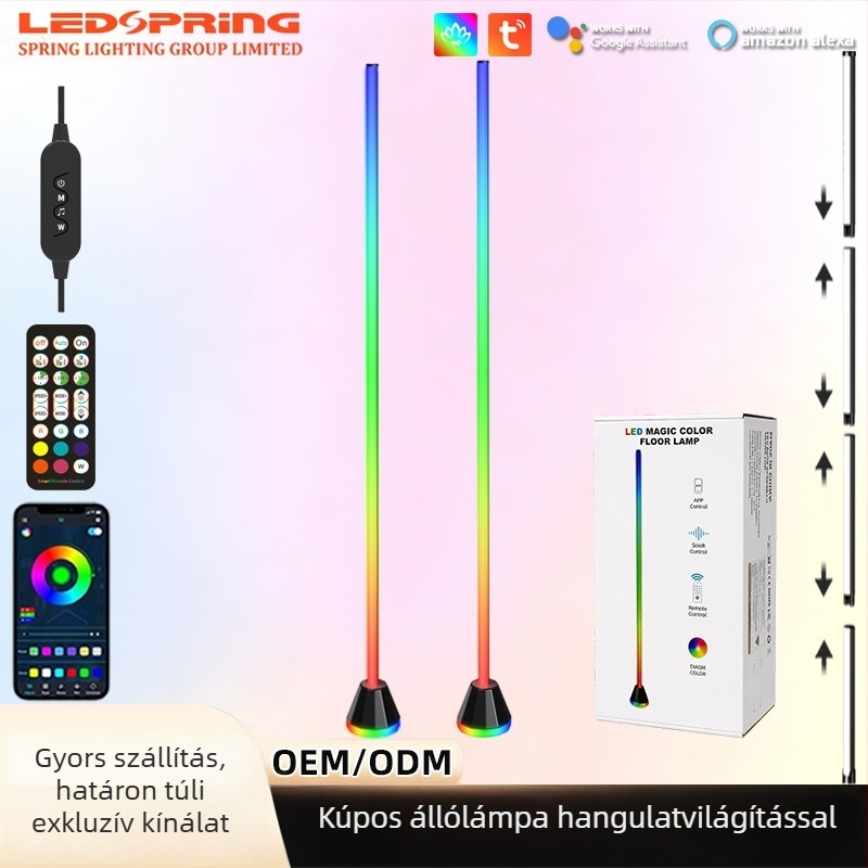 Színváltó LED állólámpa távirányítóval, hálószoba sarokba, állítható magasság, prémium hangulatvilágítás