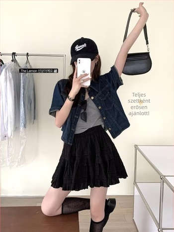 Női rövid ujjú denim ing-jackett, retro hongkong stílusú, nyitott kardigán felső