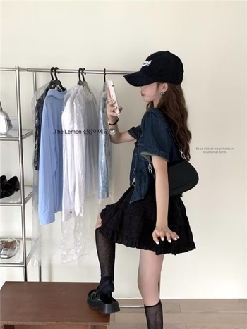 Női rövid ujjú denim ing-jackett, retro hongkong stílusú, nyitott kardigán felső