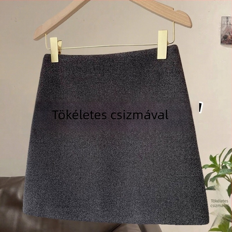 Plusz méretű szürke gyapjúból készült A-vonalú rövid szoknya, magas derekú, karcsúsító