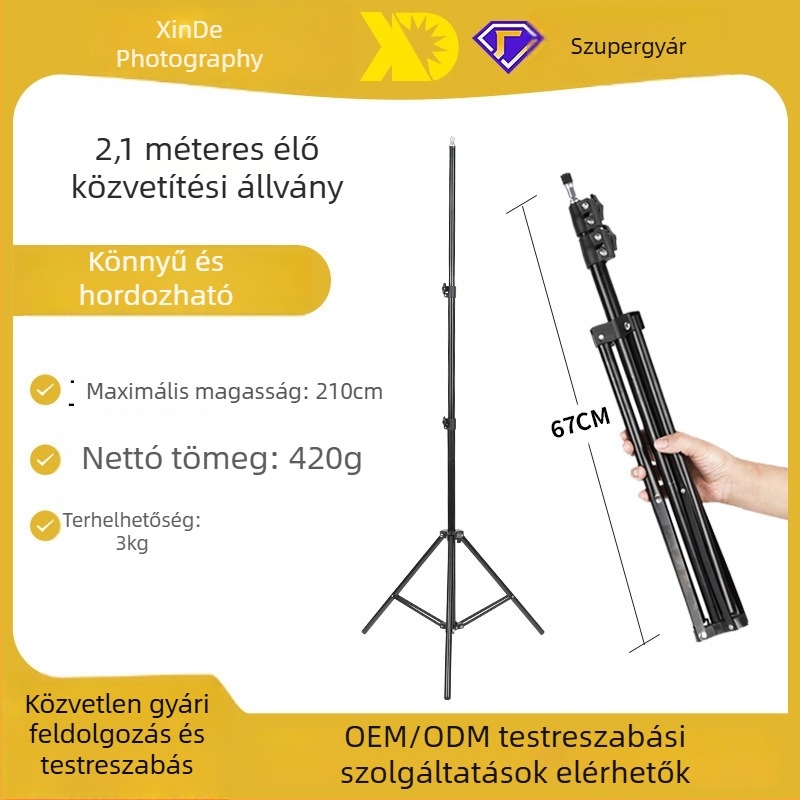 Személyre szabható 2,1 m-es mobiltelefon-tartó élő közvetítéshez, fényképezőtripod lámpabázissal