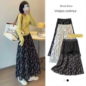 Nyári virágos, magas derekú midi szoknya, A-vonal, patchwork