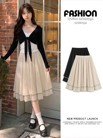 Francia stílusú édes hálószoknya lányoknak, nyári magas derekú A-vonalú midi szoknya, dupla rétegű chiffon, folyós és elegáns