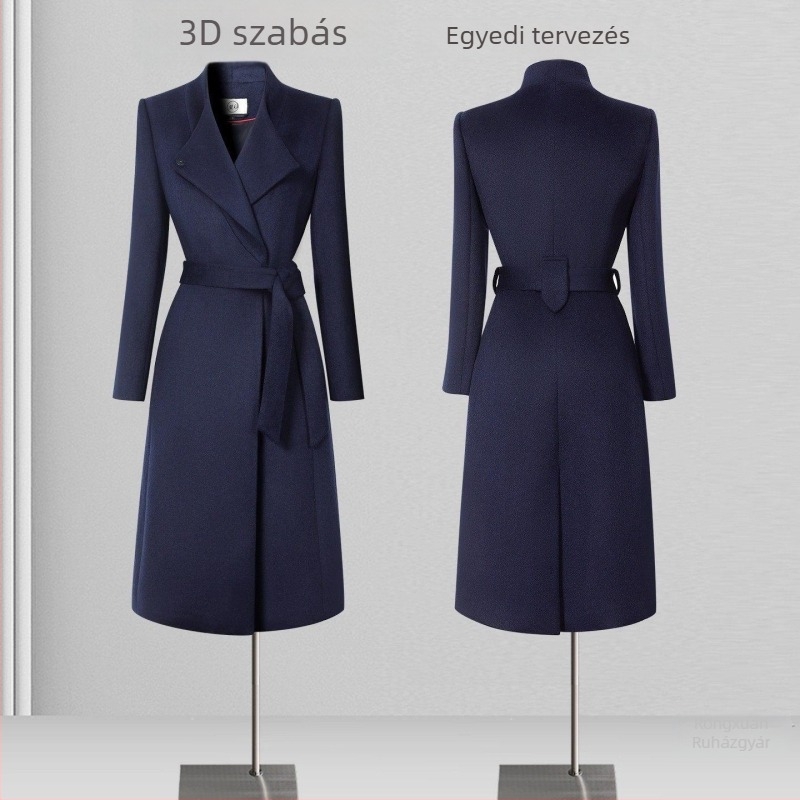 Női sötétkék gyapjú kabát övvel a derekán, téli meleg, közepes hossz, elegáns munkaruházat ingatlanügynökök és kozmetikai szalonok számára