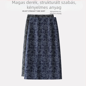 Nyomtatott farmer szoknya, egyenes szabás, csípőhöz simuló, elegáns és stílusos, hátul hasítékkal, középméretű hosszúságú, női One-Step szoknya
