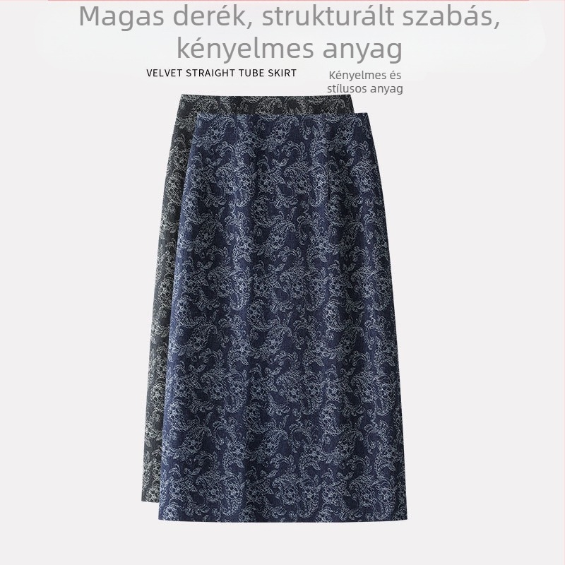 Nyomtatott farmer szoknya, egyenes szabás, csípőhöz simuló, elegáns és stílusos, hátul hasítékkal, középméretű hosszúságú, női One-Step szoknya