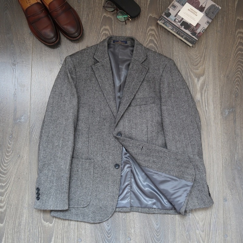 Férfi tweed gyapjú zakó őszi-téli herringbone mintával, plusz méret, klasszikus casual stílus