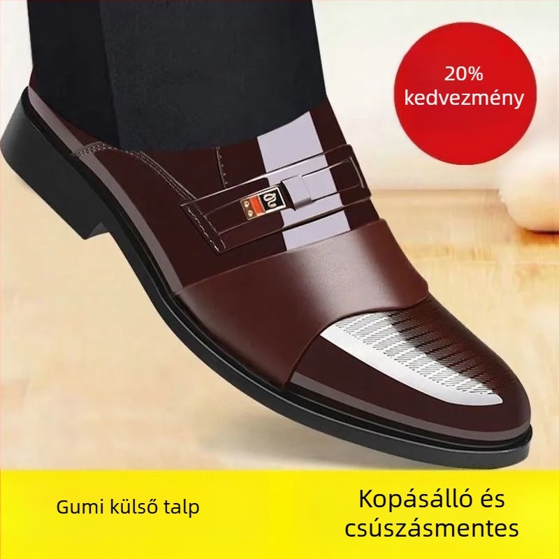 100% marhabőrből készült férfi öltönycipő, két rétegű felsőrész, vastag talp, kerek orr.