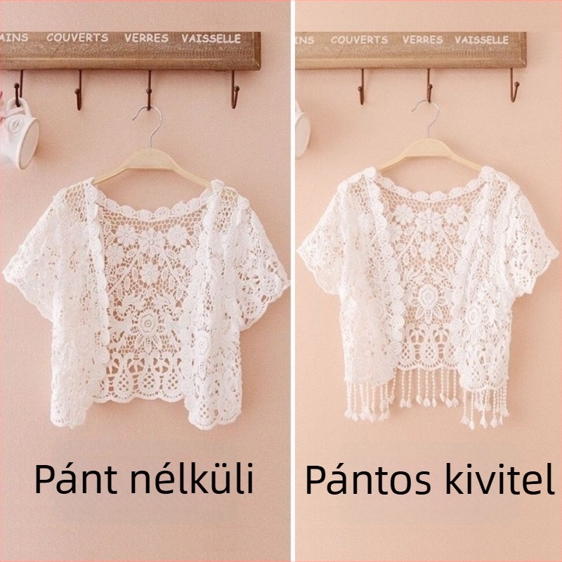 Női nyári kötött kardigán-sál, rövid fazon, lyukacsos mintázat, külső ruházat esküvői ruhához
