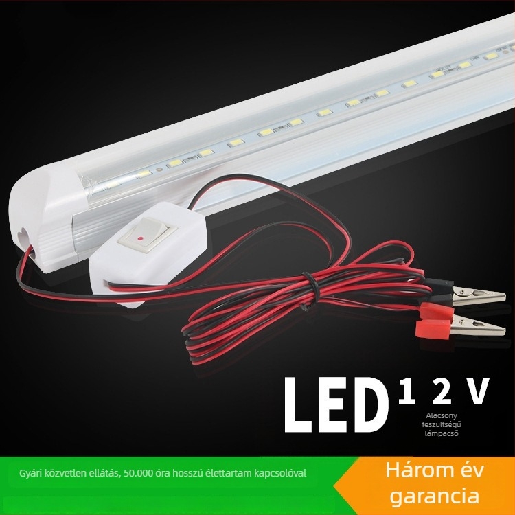 12V-os alacsony feszültségű LED T8 integrált cső csipesszel, alumínium házzal, tejfehér átlátszó vészvilágítás