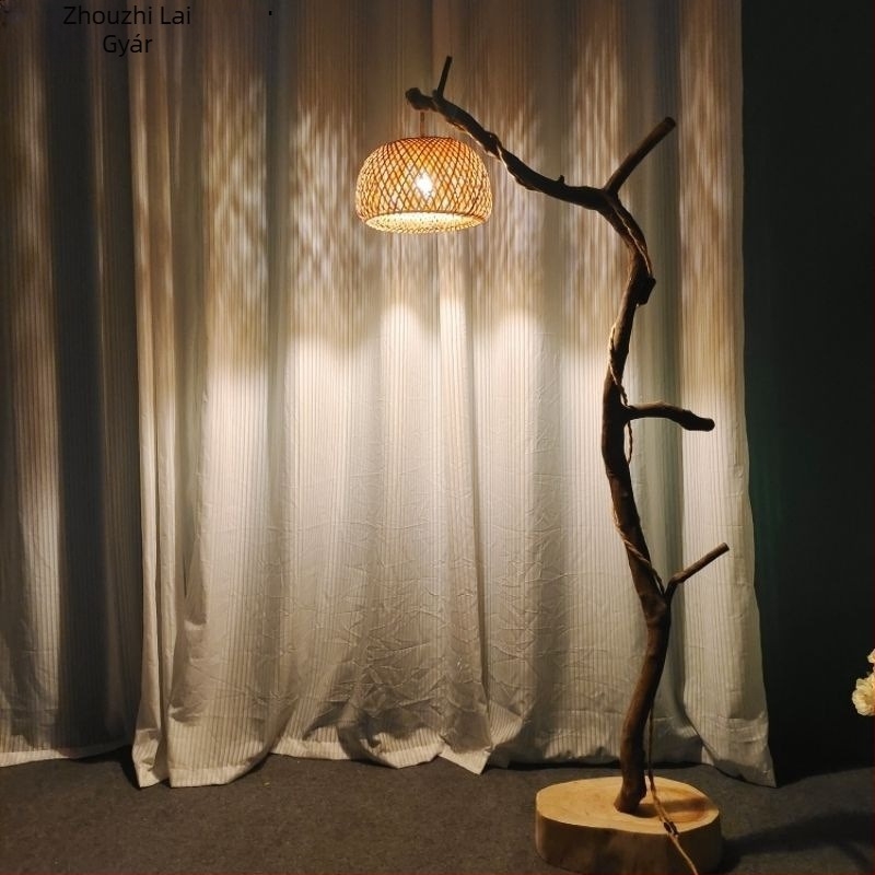 Wabi-Sabi retro földalámpa természetes ágakkal, hálószoba és teaház számára, dekoratív zen hangulatú lámpa, kínai stílus