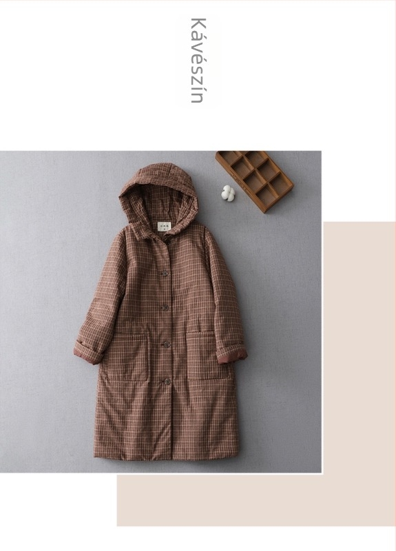 Női vintage pamutkabát kockás mintával, téli modell, laza szabás, nagy méret, vastag bélelt, álló gallérral