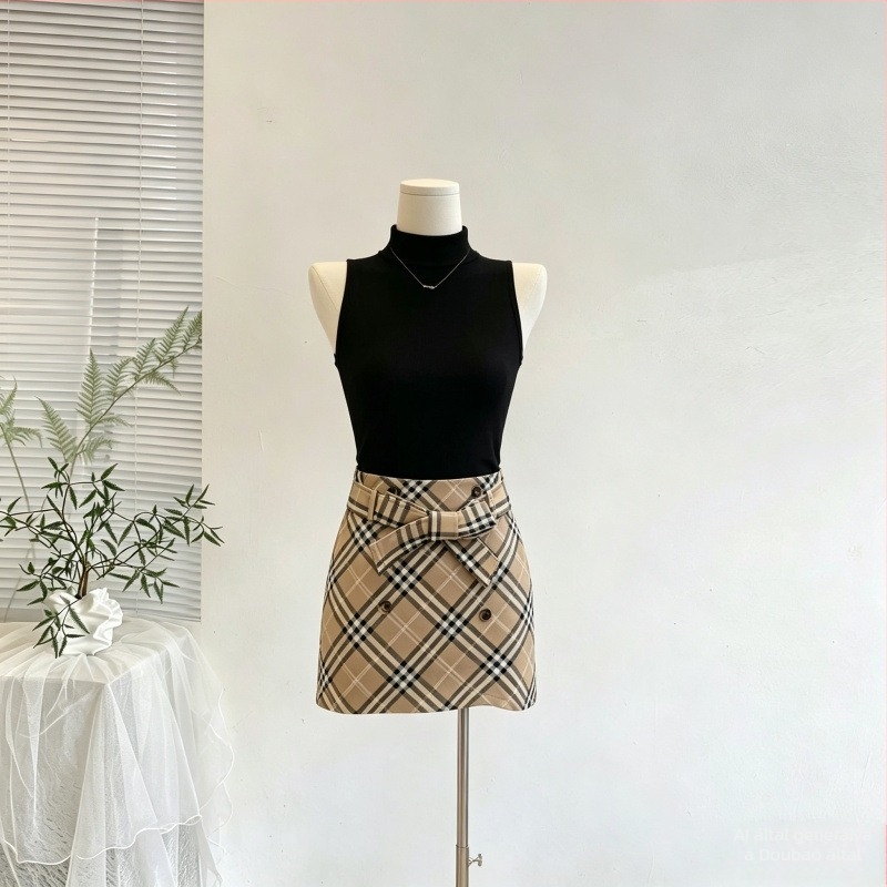 Nuochu influencer-stílusú kockás denim miniszoknya, dupla gombos és pántos, magas deréksz, testhez álló fazon, nyári megjelenés