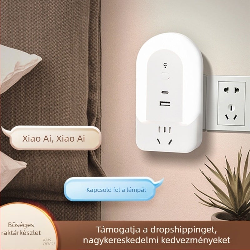 Beépített konnektorral rendelkező okos hangvezérléses lámpa – éjjeliszekrényre szánt hálószobai lámpa szemkímélő, lágy fény