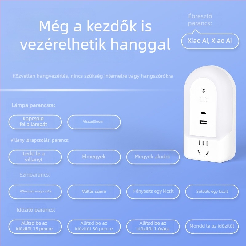 Beépített konnektorral rendelkező okos hangvezérléses lámpa – éjjeliszekrényre szánt hálószobai lámpa szemkímélő, lágy fény