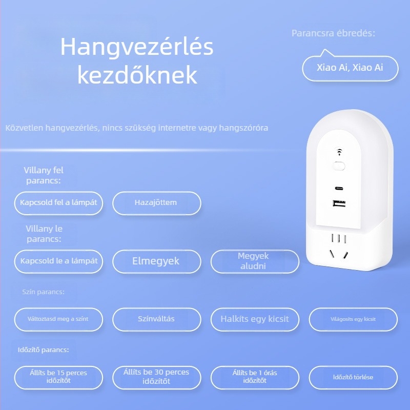 Beépített konnektorral rendelkező okos hangvezérléses lámpa – éjjeliszekrényre szánt hálószobai lámpa szemkímélő, lágy fény