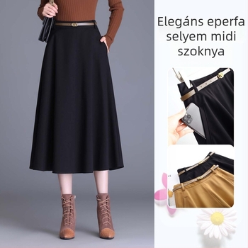 Női A-vonalú midi szoknya mulberry selyemből, magas derekú, koreai stílusú, elegáns és karcsúsító fazon