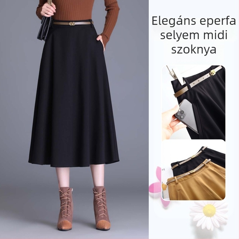 Női A-vonalú midi szoknya mulberry selyemből, magas derekú, koreai stílusú, elegáns és karcsúsító fazon