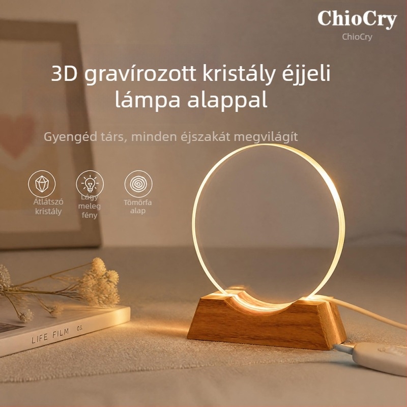 Kör alakú kristály éjjeli lámpa fa talppal, 3D gravírozott kristályműalkotás, születésnapra ajándék