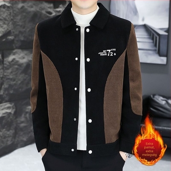 Férfi corduroy dzseki fleece bélés, vastag téli, koreai stílusú karcsúsított szabású, színblokkal rendelkező blazer
