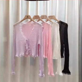 Koreai stílusú vékony kötött kardigán stílusú felső csipke részletekkel és kötős díszítéssel, hosszú ujjú, női napvédő felső