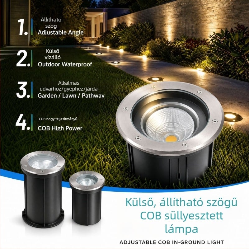 LED szabályozható szögű föld alatti világítás gyephez és növényekhez, kültéri vízálló beépített világítás, négyszögletes kialakítás, 3000K melegfehér, IP65, 85–265V