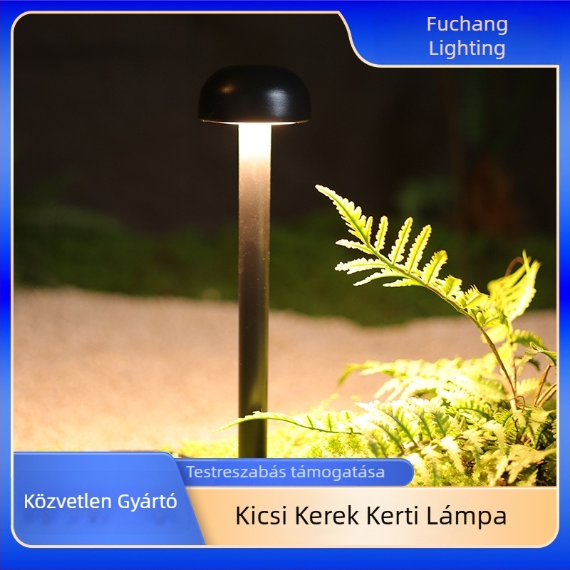 Kültéri hálózatról működő gyeplámpa, kis kör alakú gyeplámpa udvarokra, kertekbe, villákhoz és parkokhoz, minimalist stílus.