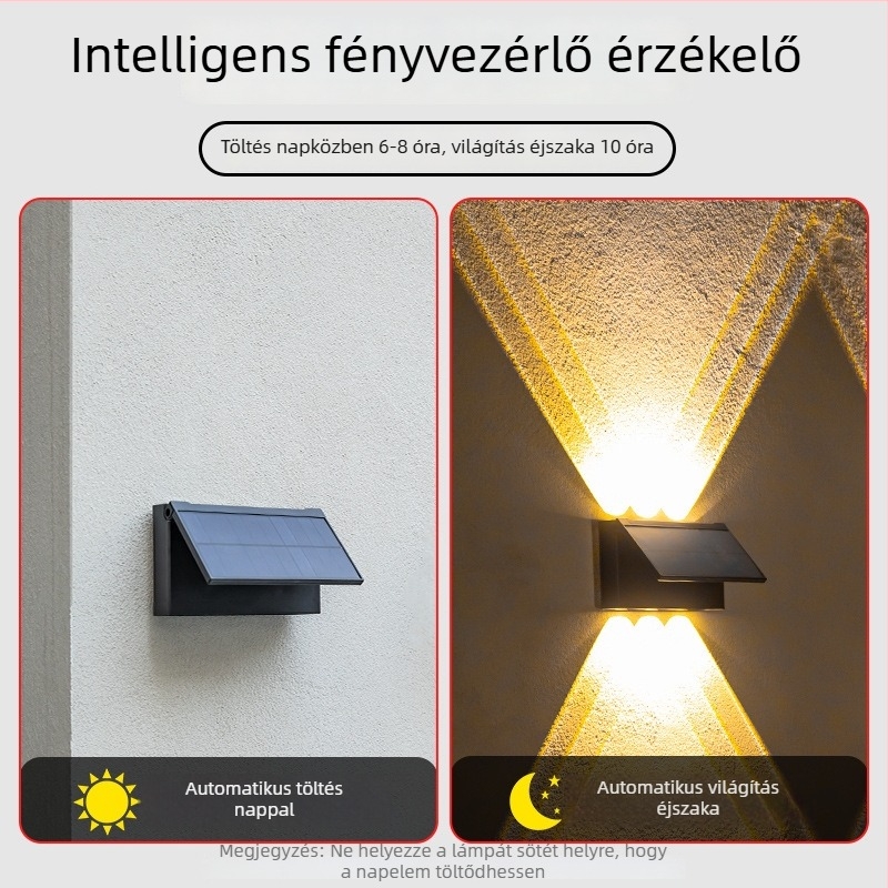 6 LED-es napelemes világítás villa udvarára — falikar kerthez, kerítés spotlámpa, falmosó fény, vízálló napelemes panel