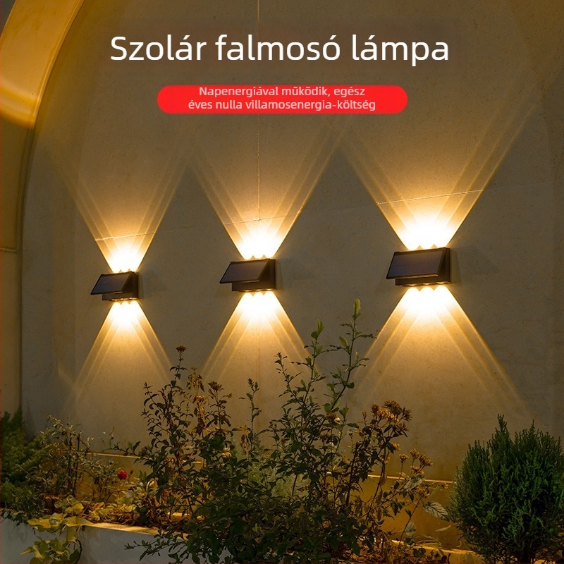 6 LED-es napelemes világítás villa udvarára — falikar kerthez, kerítés spotlámpa, falmosó fény, vízálló napelemes panel