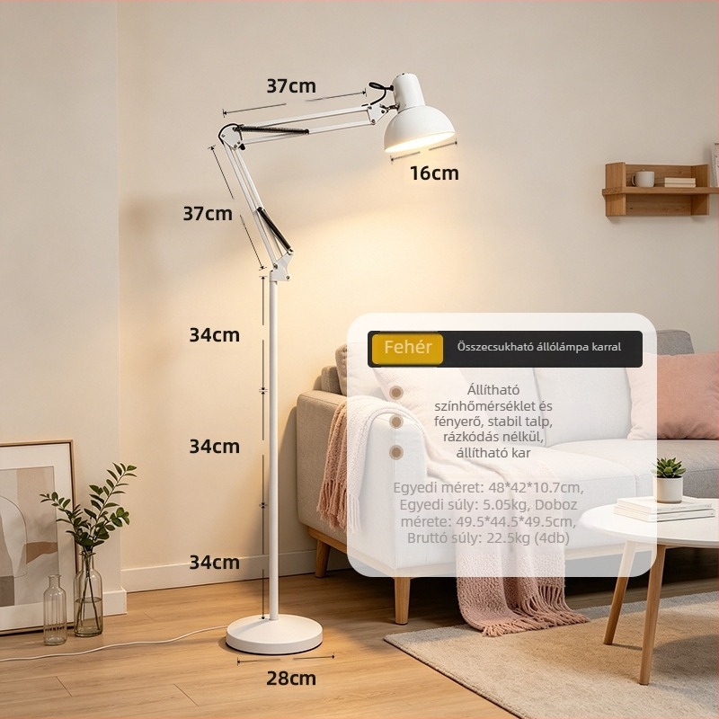 Energiatakarékos LED állólámpa hosszú, állítható karral, összecsukható, távirányítós fényerő-szabályozás, skandináv stílus, szemvédő vas művészeti lámpa