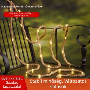 Napelemes kenderzsinór LED rézdrót világító lánc kültéri udvarra és kertbe dekoratív fényként