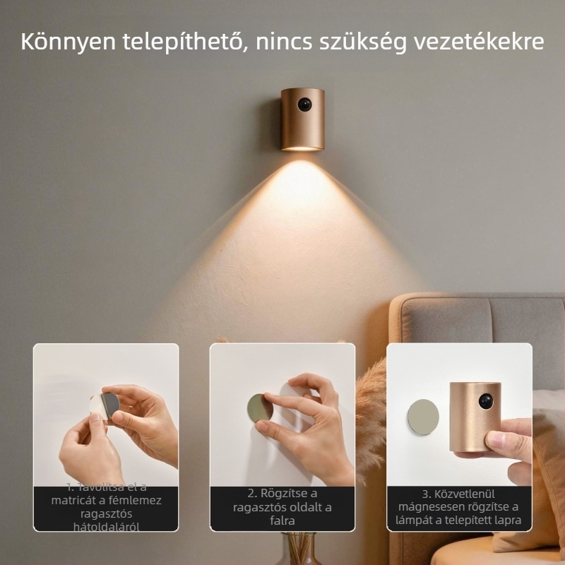 Új intelligens mozgásérzékelős LED éjszakai lámpa, töltődéses, mágneses vezeték nélküli falikar ajtótábla számára, meleg fény 3000K