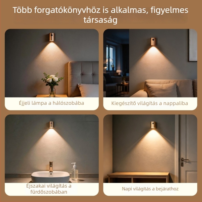 Új intelligens mozgásérzékelős LED éjszakai lámpa, töltődéses, mágneses vezeték nélküli falikar ajtótábla számára, meleg fény 3000K