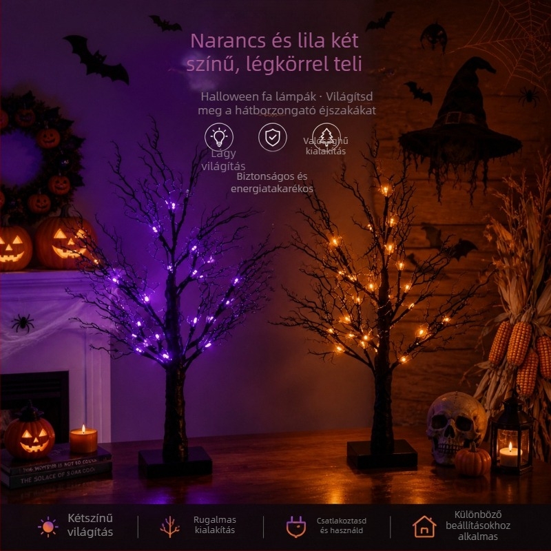 Mesterséges gallyakból készült LED fa lámpa, 60 cm, 24 LED, IP44, beltéri Halloween dekoráció