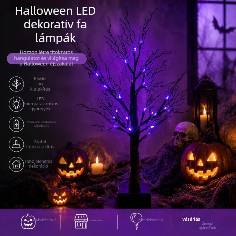 Mesterséges gallyakból készült LED fa lámpa, 60 cm, 24 LED, IP44, beltéri Halloween dekoráció