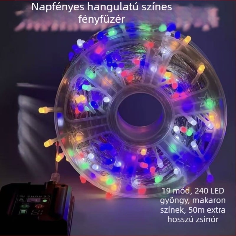 Csillagos égű LED napelemes stringfények, kültéren, vízállóak, fa köré tekerhetők, karácsonyi díszítés.