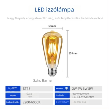 ST58 LED egyenes filamentszálas lámpa, 2200K, Edison retro dekoratív égő