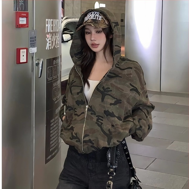 Női amerikai retro camo kapucnis pulóver-dzseki, laza szabás, hosszú ujjú, cipzárral, őszre