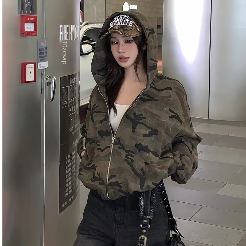Női amerikai retro camo kapucnis pulóver-dzseki, laza szabás, hosszú ujjú, cipzárral, őszre
