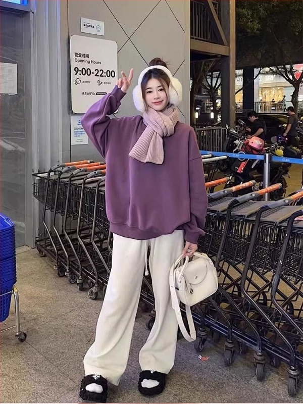 Lila koreai-stílusú női pulóver, kerek nyak, kapucni nélkül, fleece-béléssel, őszi–téli vastag, laza szabás, minimalistán egyszínű, modell 6382