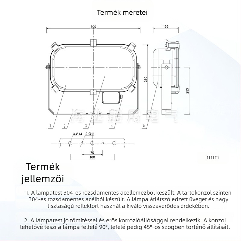 Tengeri rozsdamentes acélból készült halogén, vízálló fedélzeti floodlight TG4 500W/1000W, JTT fényforrás