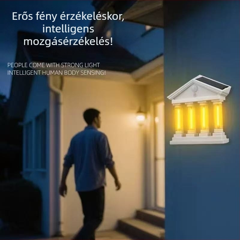 Napelemes wolframfilament LED mozgásérzékelős falikar, vízálló kerti világítás