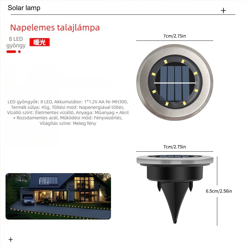 Napelemes kültéri kertvilágítás, 8 LED, tájképi dekoráció, földbe süllyeszthető lámpa