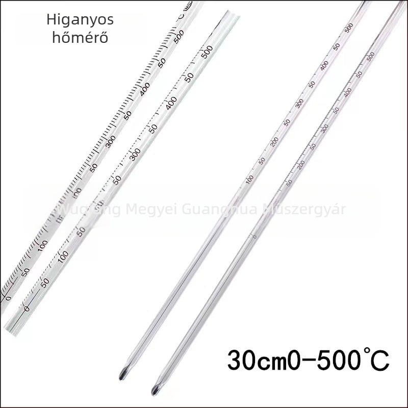 Magas hőmérsékletű higanyos hőmérő, kémiai laboratóriumi használatra, üveg rúd, 30 cm, 0–500 °C