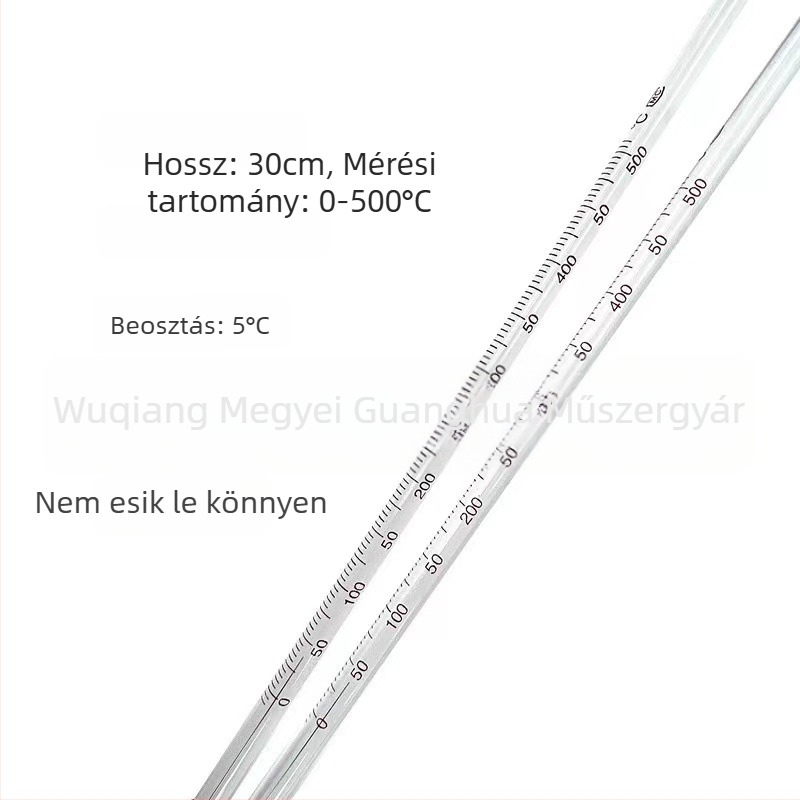 Magas hőmérsékletű higanyos hőmérő, kémiai laboratóriumi használatra, üveg rúd, 30 cm, 0–500 °C