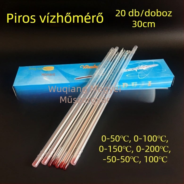Üveg hőmérő piros folyadékkal, alkoholos hőmérő, -30°C-tól 100°C-ig, 30 cm hosszú
