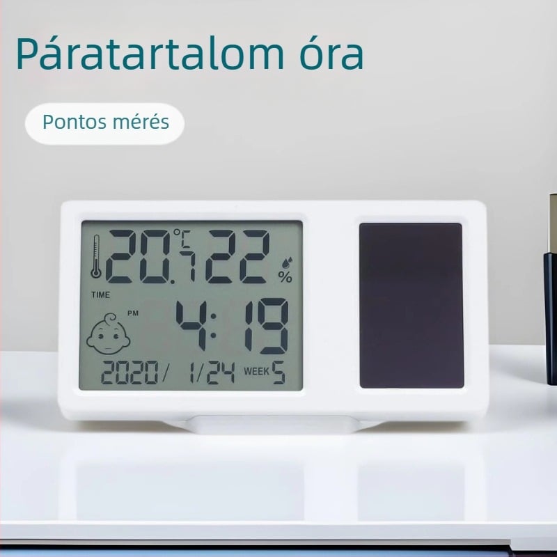 Mini napelemes elektronikus hőmérséklet- és páratartalom-mérő, nagy pontosságú, kompakt digitális kijelzővel otthoni használatra